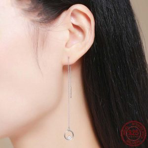 925 silver cz long drop earrings worn by model