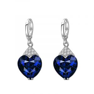 Adorable Crystal Heart Drop Earrings Rhodium Color Dark Blue Crystal