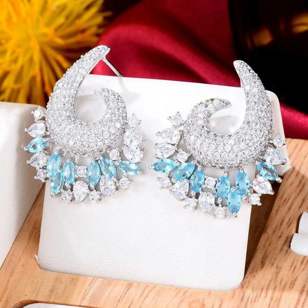 Luxury CZ Dangle Earrings Silver Blue