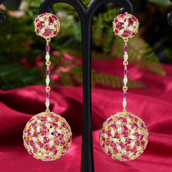 luxury cz elegant round dangle earrings gold ruby