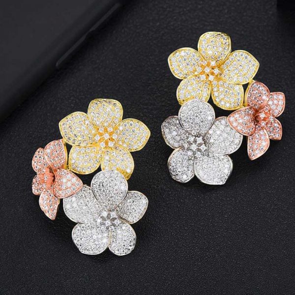 luxury cz large flower stud earrings 3 tone