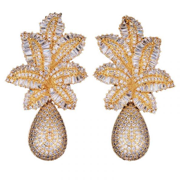 luxury cz leaf drop earrings gold