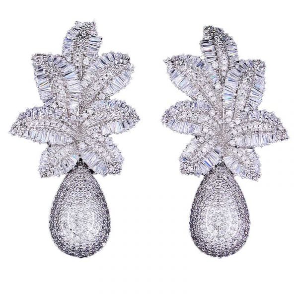 luxury cz leaf drop earrings silver