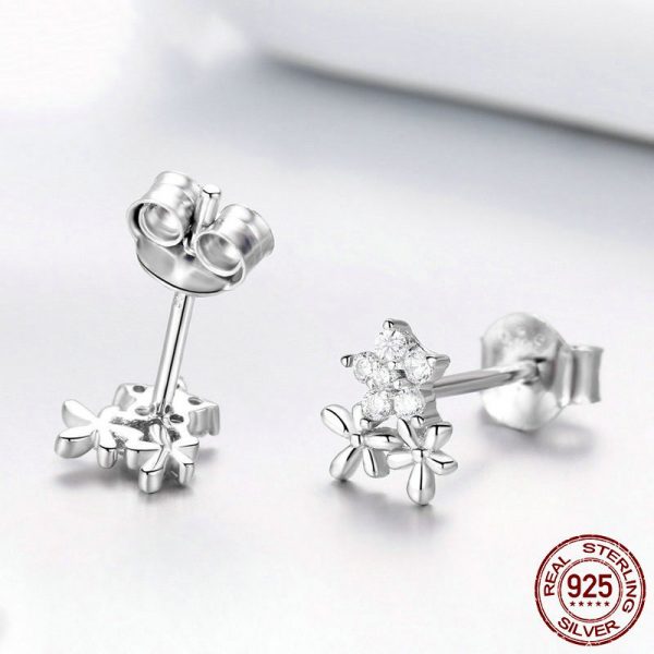 Silver CZ Flower Stud Earrings Front and Back View