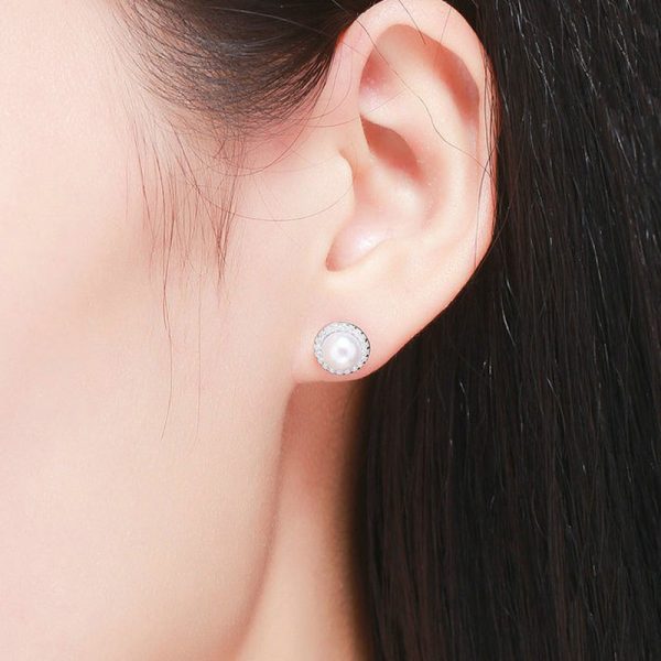 Sterling Silver Pearl Stud Earrings Worn by Model