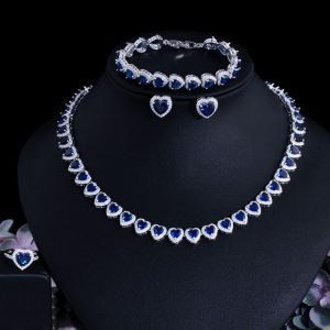 Heart Shape CZ Necklace and Earrings Set Blue