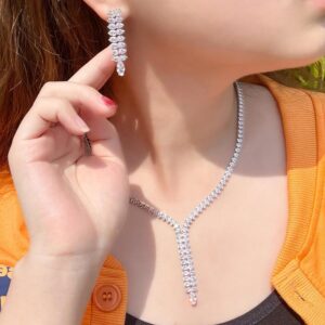 Luxury CZ Long Drop Necklace and Earrings Set Worn by Model