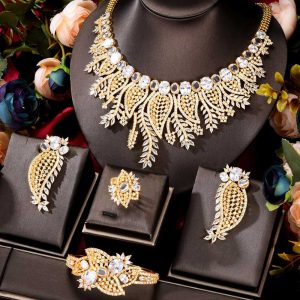 luxury cz crown leaf jewelry set necklace gold