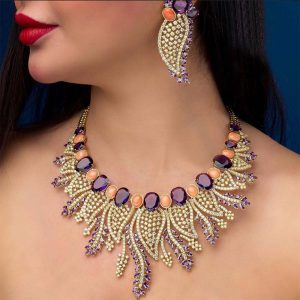 luxury cz crown leaf jewelry set necklace worn by model