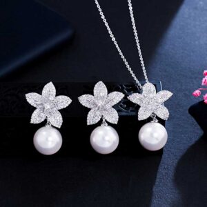 Luxury CZ Delicate Flowers Jewelry Set Silver Color