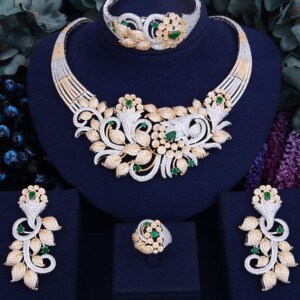 Luxury CZ Entwined Flower Leaf Jewelry Set - Bicolor green