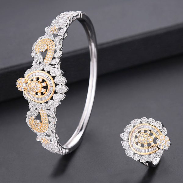 luxury cz flower and leaf jewelry set bangle and ring