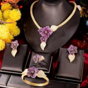 Luxury CZ Large Flower Pendant Jewelry Set Gold Ruby