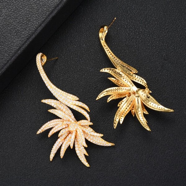 Luxury CZ Palm Tree Leaf Jewelry Set Earrings front and back view