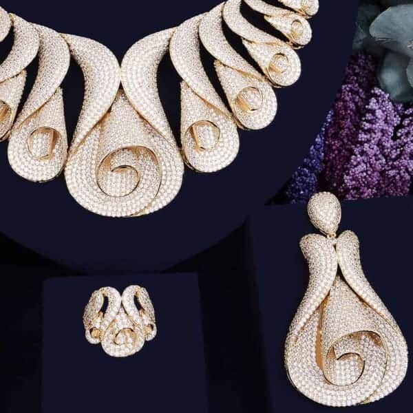 Luxury CZ Petals Jewelry Set - Necklace earrings & ring closeup