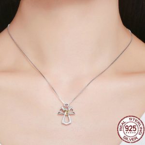 925 Silver Angel Heart Pendant Necklace Worn by Model