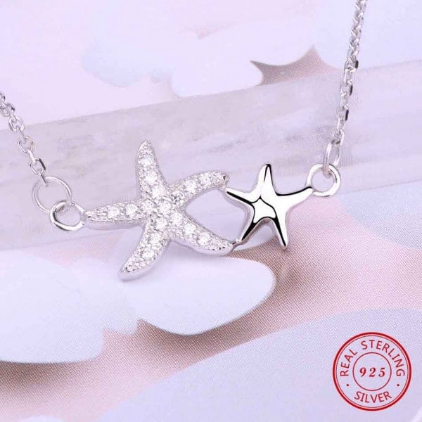 925 Silver Sparkling Cz Starfish Necklace Closeup View