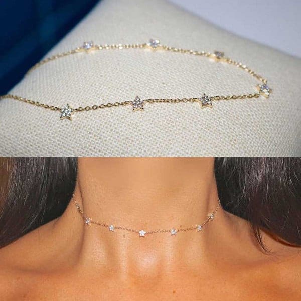 925 Silver Star Choker Necklace Gold Color Display and Worn by Model