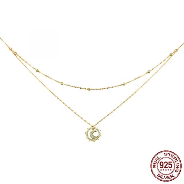 925 silver sun moon double layer necklace